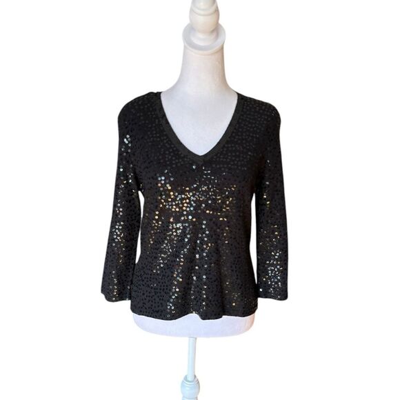 Talbots Black Sequin Sweater V Neck 3/4 Sleeve Silk Cashmere Blend Womens Small - Picture 1 of 11
